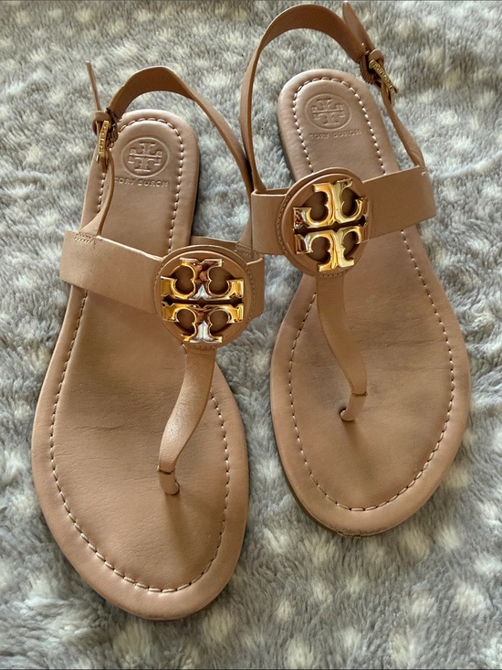 Tory Burch Shoes - Tory Burch Tan Leather Thong Sandals with Gold Logo Medallions
